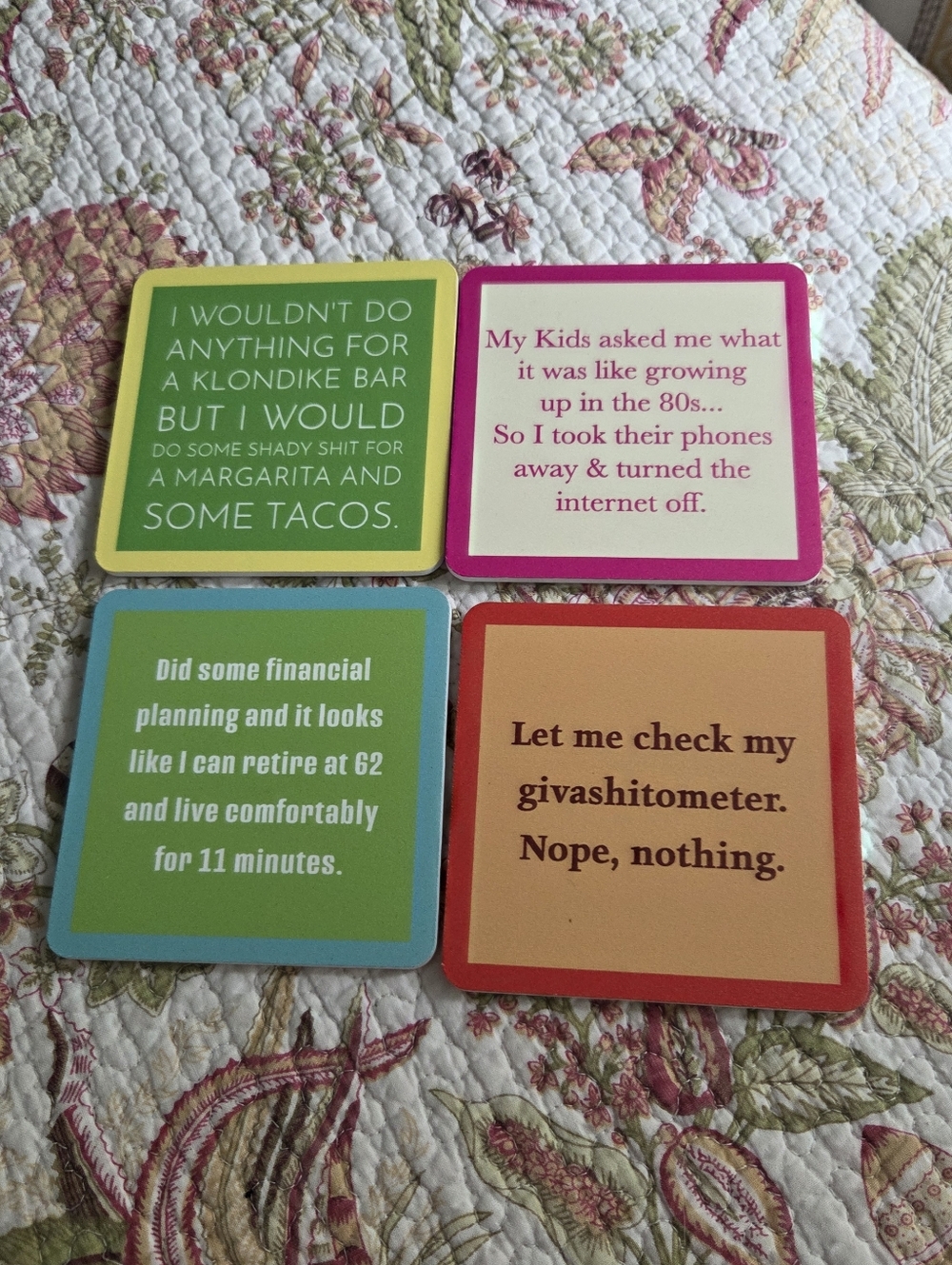 Set of 4 Humorous Square Coasters in Green, Pink, Blue, and Orange